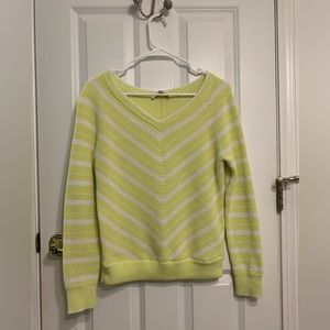 Etcetera Size Small Neon Green Chevron Striped Vneck Cotton Sweater